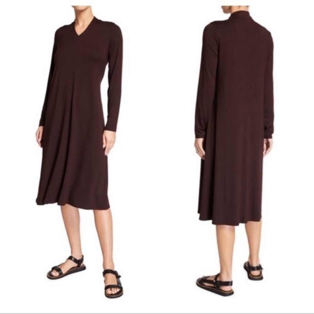 Eileen Fisher Brown V Neck Midi Dress XS